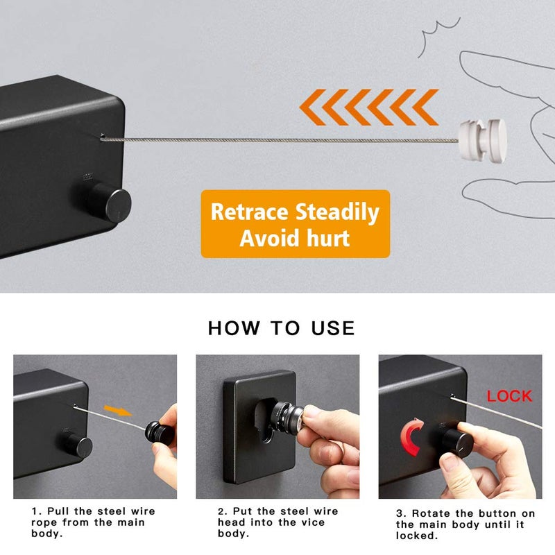 BESy Retractable Clothesline ABS case+Aluminum Dryer with Adjustable Stainless Steel Double Rope String Hotel Style Heavy Duty,Wall Mounted Method, 13.8 Feets,Black - Image 3